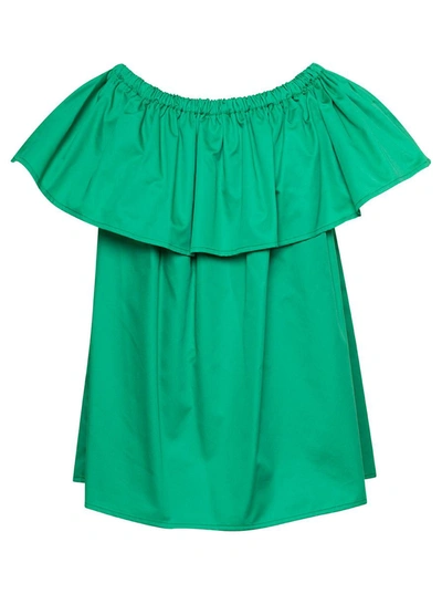 Shop Douuod Emerald Green Ruffle Top With Boat Neckline In Cotton Woman