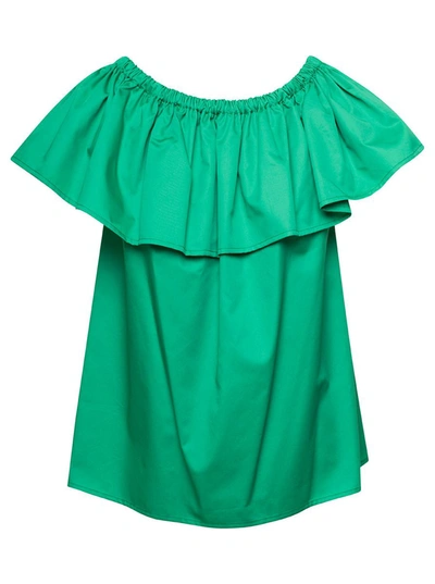 Shop Douuod Emerald Green Ruffle Top With Boat Neckline In Cotton Woman