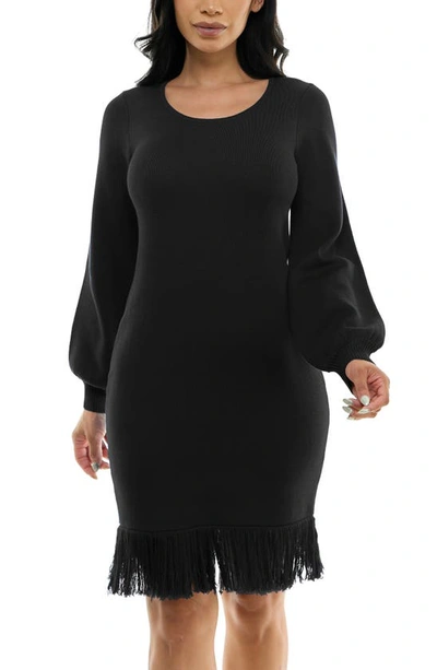 Shop Nina Leonard Balloon Sleeve Fringe Hem Sweater Dress In Black