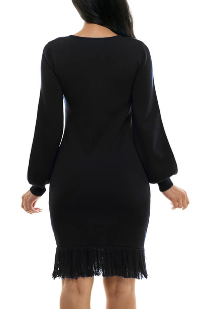 Shop Nina Leonard Balloon Sleeve Fringe Hem Sweater Dress In Black