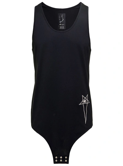 Shop Rick Owens 'basketball Tank' Long Black Tank Top With Pentagram Embroidery And A Six Snap Closure Hanging In Co