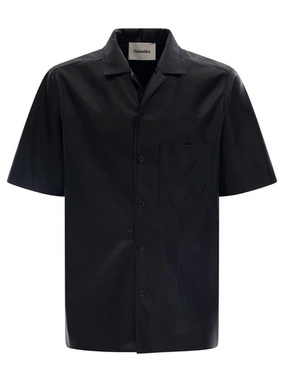 Shop Nanushka 'bodil' Black Short Sleeve Shirt In Faux Leather Man