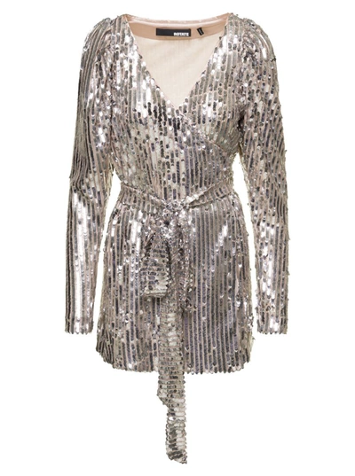 Shop Rotate Birger Christensen 'bridget' Silver-tone Sequin Midi Wrap Dress Woman Rotate In Metallic