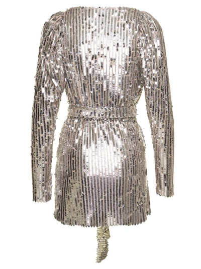 Shop Rotate Birger Christensen 'bridget' Silver-tone Sequin Midi Wrap Dress Woman Rotate In Metallic