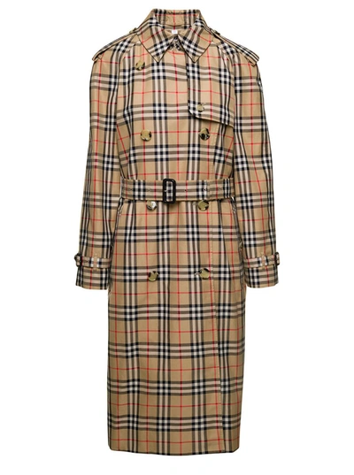 Shop Burberry 'harehope' Beige Double-breasted Trench Coat With Matching Belt And Check Print In Cotton Woman