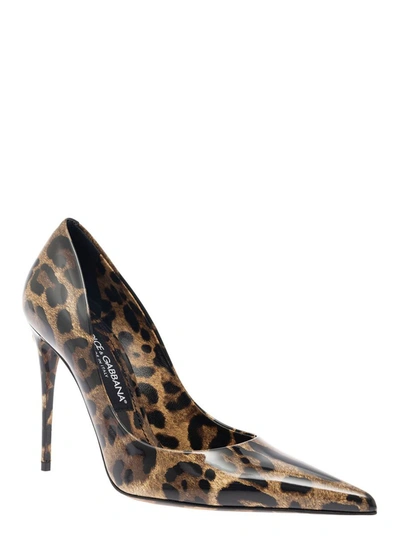 Shop Dolce & Gabbana 'lollo' Brown Pumps With All-over Leo Print And Dg Patch In Glossy Skin Woman