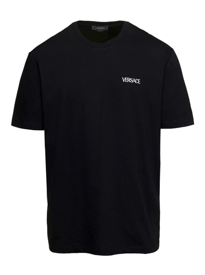 Shop Versace 'medusa Flame' Black Crewneck T-shirt With Logo Print In Cotton Man