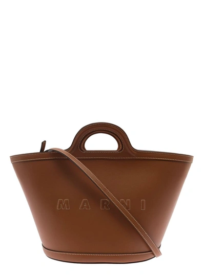Shop Marni 'tropicalia Small' Brown Handbag With Embossed Logo And Contrasting Stitch In Leather Woman