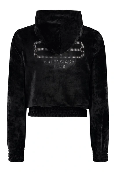 Shop Balenciaga Velvet Full Zip Hoodie In Black