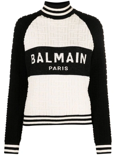 Shop Balmain Jacquard Logo Sweatshirt In Naturale E Nero
