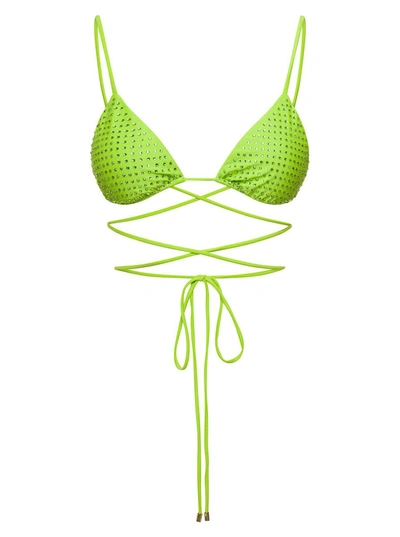 Shop Self-portrait Bikini Top With All-over Crystal Embellishment In Green Polyamide Woman