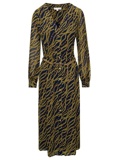 Shop Michael Michael Kors Black And Gold-tone Midi Shirt Dess With Chain Print All-over In Polyester Woman