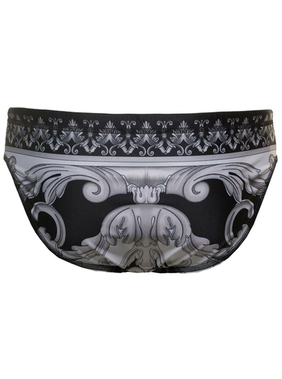 Shop Versace Black And White Swim Briefs With All-over Barocco Print In Stretch Polyester Man