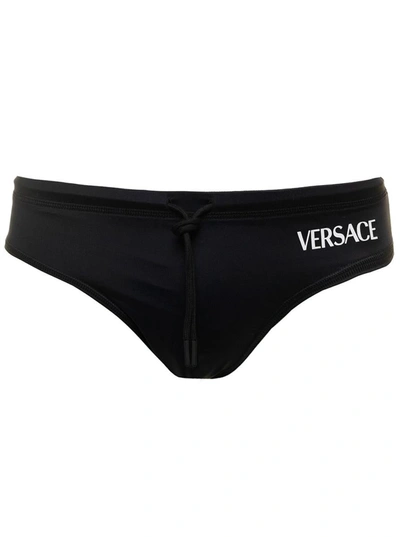 Shop Versace Black And White Swim Briefs With All-over Barocco Print In Stretch Polyester Man
