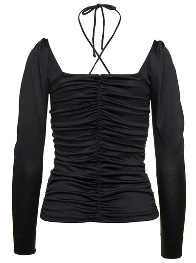 Shop Ganni Black Blouse With Criss-cross Straps And Long Sleeves In Recycled Fabric Woman