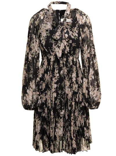 Shop Zimmermann Black Floral-printed Pleated Sunray Mini Dress In Chiffon Woman In Multicolor