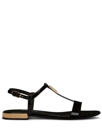 Shop Dolce & Gabbana Black Low Sandals With Dg Logo In Polished Leather Woman
