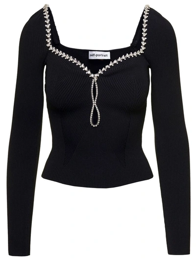 Shop Self-portrait Black Long-sleeved Top With Sweetheart Neck And Rhinestones In Viscose Blend Woman