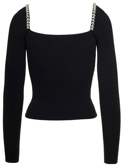 Shop Self-portrait Black Long-sleeved Top With Sweetheart Neck And Rhinestones In Viscose Blend Woman
