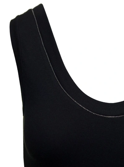 Shop Brunello Cucinelli Black Ribbed Tank Top With Monile Detail In Stretch Cotton Woman