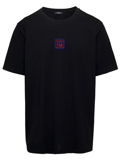 Shop Balmain Black T-shirt With Front Logo Embroidery In Organic Cotton Man