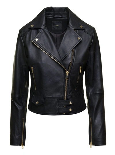 Shop Pinko Black Zip-up Biker Jacket With Revers Collar In Leather Woman