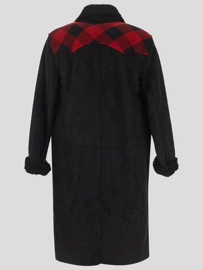 Shop Blast-off Long Coat In <p> Long Coat In Black Polyester With Suede Texture And Red Tartan Patches