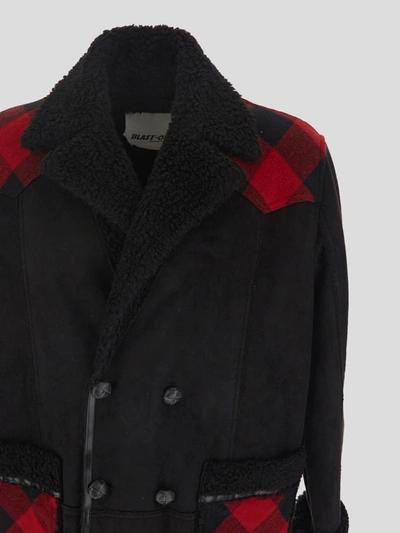 Shop Blast-off Long Coat In <p> Long Coat In Black Polyester With Suede Texture And Red Tartan Patches