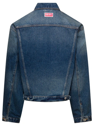 Shop Kenzo Blue Denim Jacket With Logo Patch And Contrasting Stitching In Cotton Denim Man