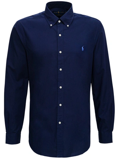 Shop Polo Ralph Lauren Blue Shirt With Logo Embroidery In Cotton Man