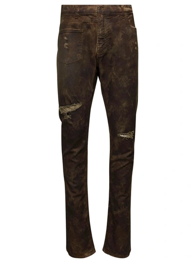 Shop Dolce & Gabbana Brown Fitted Jeans With Ripped Details In Cotton Denim Man
