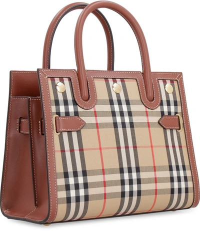 Shop Burberry Title Checked Canvas Handbag In Beige
