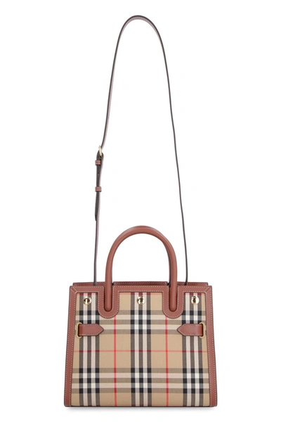 Shop Burberry Title Checked Canvas Handbag In Beige