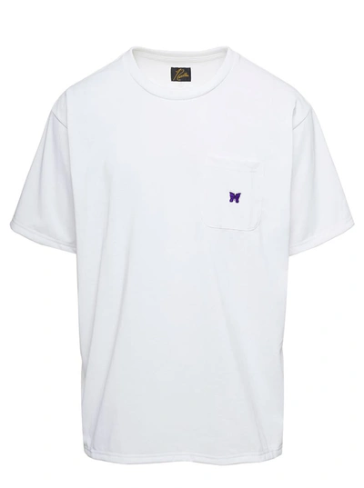 Shop Needles Crewneck T-shirt With Front Pocket And Embroidered Logo In White Technical Fabric Man
