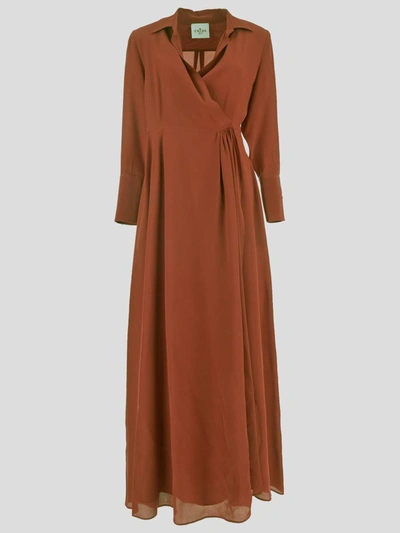 Shop Cri.da Crida Dresses In <p>crida Long Dress In Burnt Brown Silk With Long Sleeves