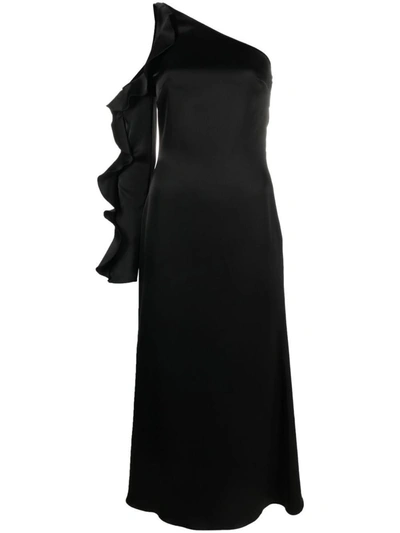Shop David Koma Ruffle Detail One Shoulder Midi Dress In Black