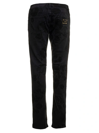 Shop Dolce & Gabbana Man's Black Denim Jeans With Floral Motif