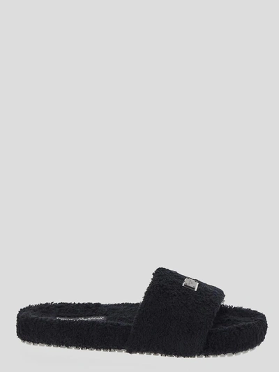 Dolce & Gabbana Terrycloth Slides With Logo Plate In Black