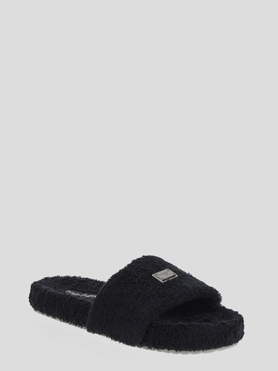 Dolce & Gabbana Terrycloth Slides With Logo Plate In Black