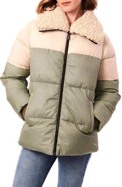 Bernardo Mixed Media Faux Fur Trim Puffer Jacket In Green Moonglow