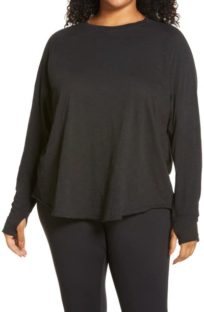 Shop Zella Relaxed Washed Cotton Long Sleeve T-shirt In Black