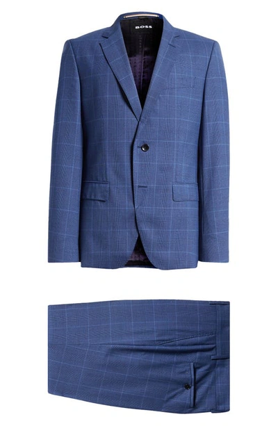 Shop Hugo Boss Boss Huge/genius Check Virgin Wool Suit In Dark Blue