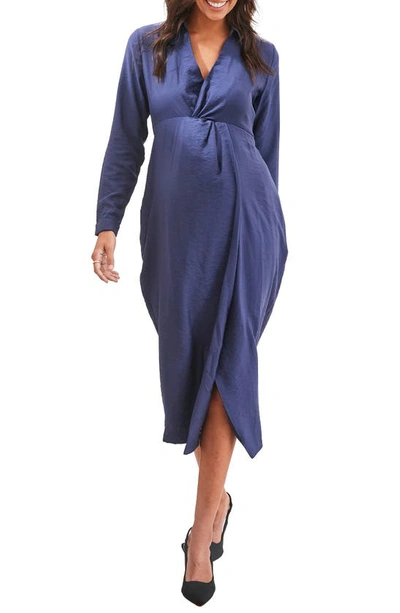 Shop Angel Maternity Camille Long Sleeve Midi Maternity Dress In Navy