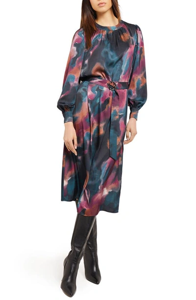 Shop Misook Watercolor Belted Long Sleeve Crêpe De Chine Midi Dress In M Teal/ Multi