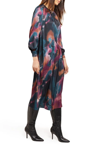 Shop Misook Watercolor Belted Long Sleeve Crêpe De Chine Midi Dress In M Teal/ Multi