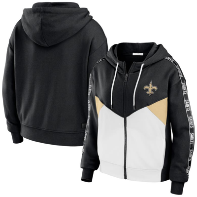 Wear By Erin Andrews Black/white New Orleans Saints Color Block Light Weight Modest Crop Full-zip Ho In Black