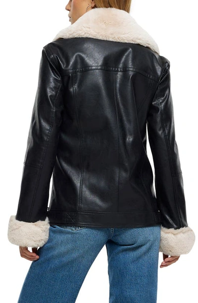 Shop River Island Faux Fur & Faux Leather Moto Jacket In Black