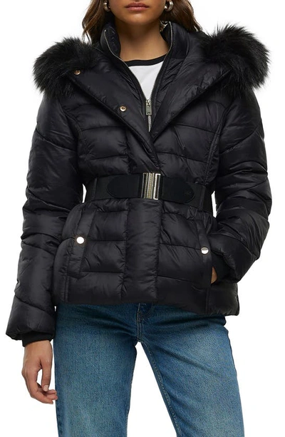 Shop River Island Belted Faux Fur Trim Hooded Puffer Jacket In Black