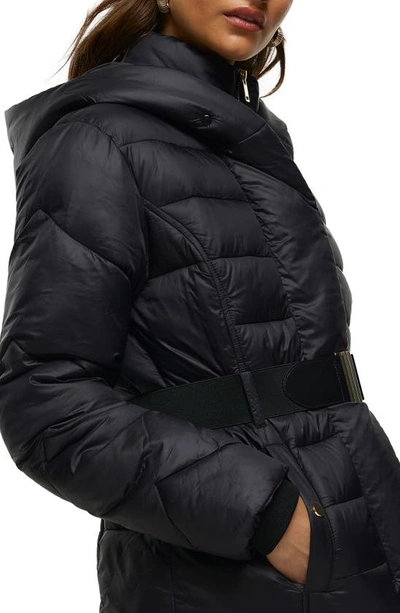 Shop River Island Belted Faux Fur Trim Hooded Puffer Jacket In Black