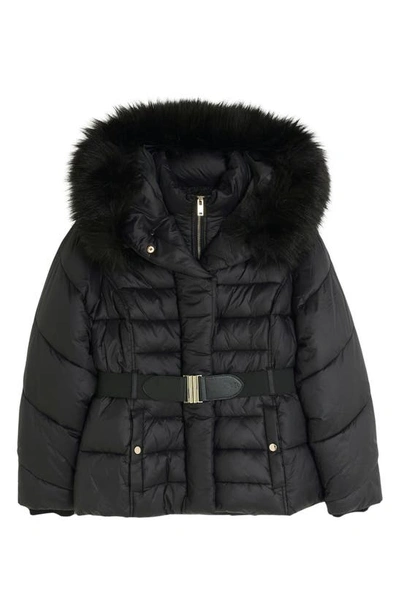 Shop River Island Belted Faux Fur Trim Hooded Puffer Jacket In Black